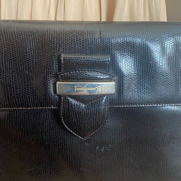Vintage Ferragamo Snakeskin Embossed Black Leather Convertible Clutch - Picture 2 of 7